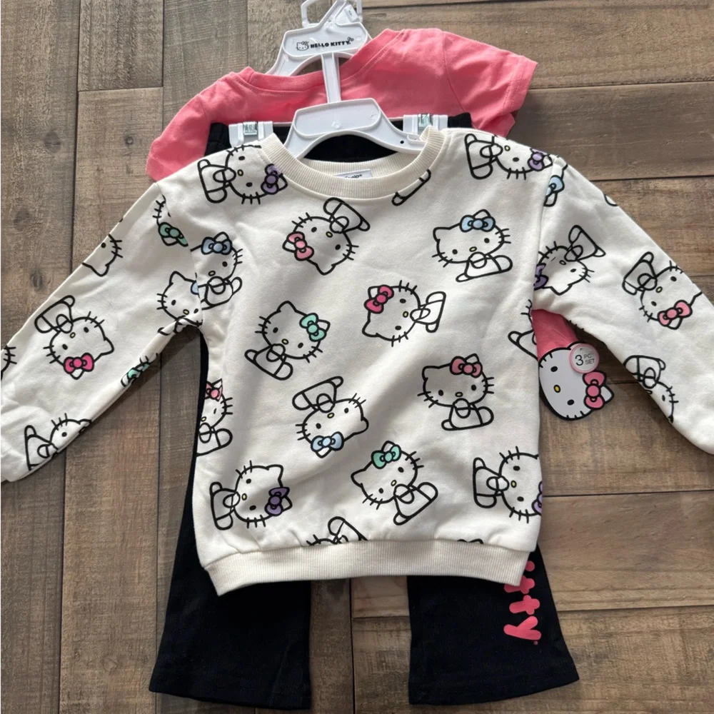 Hello Kitty Girls 3T 3 Piece Set Pink T-Shirt, White Sweatshirt, Black Pants - Picture 1 of 6